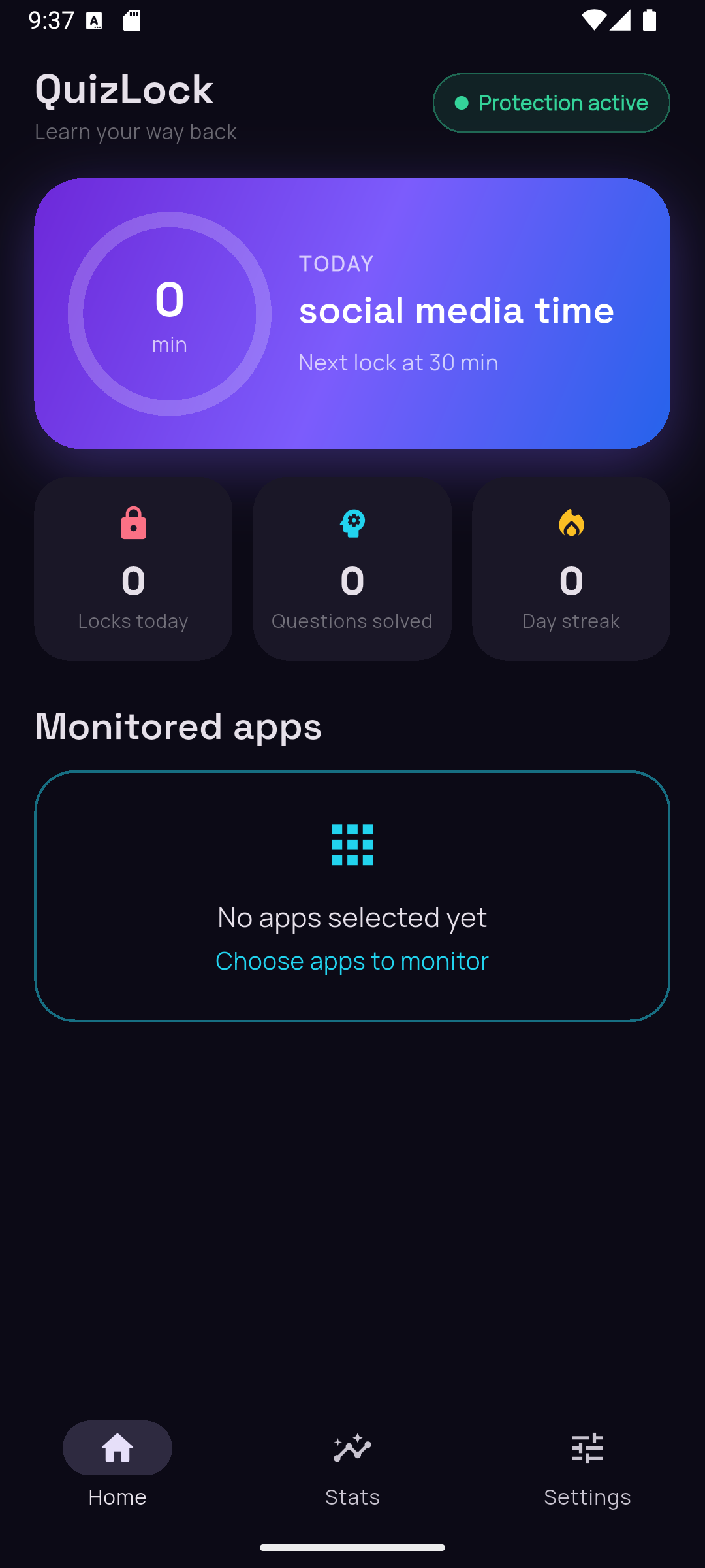 QuizLock dashboard showing today's screen time and the protected apps