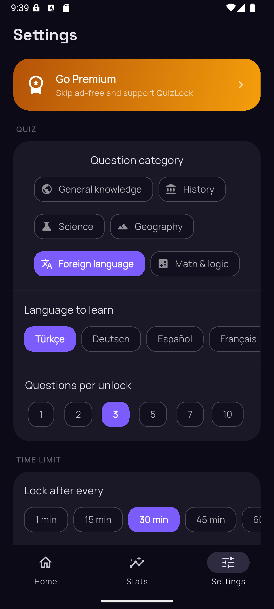QuizLock settings showing categories and limits
