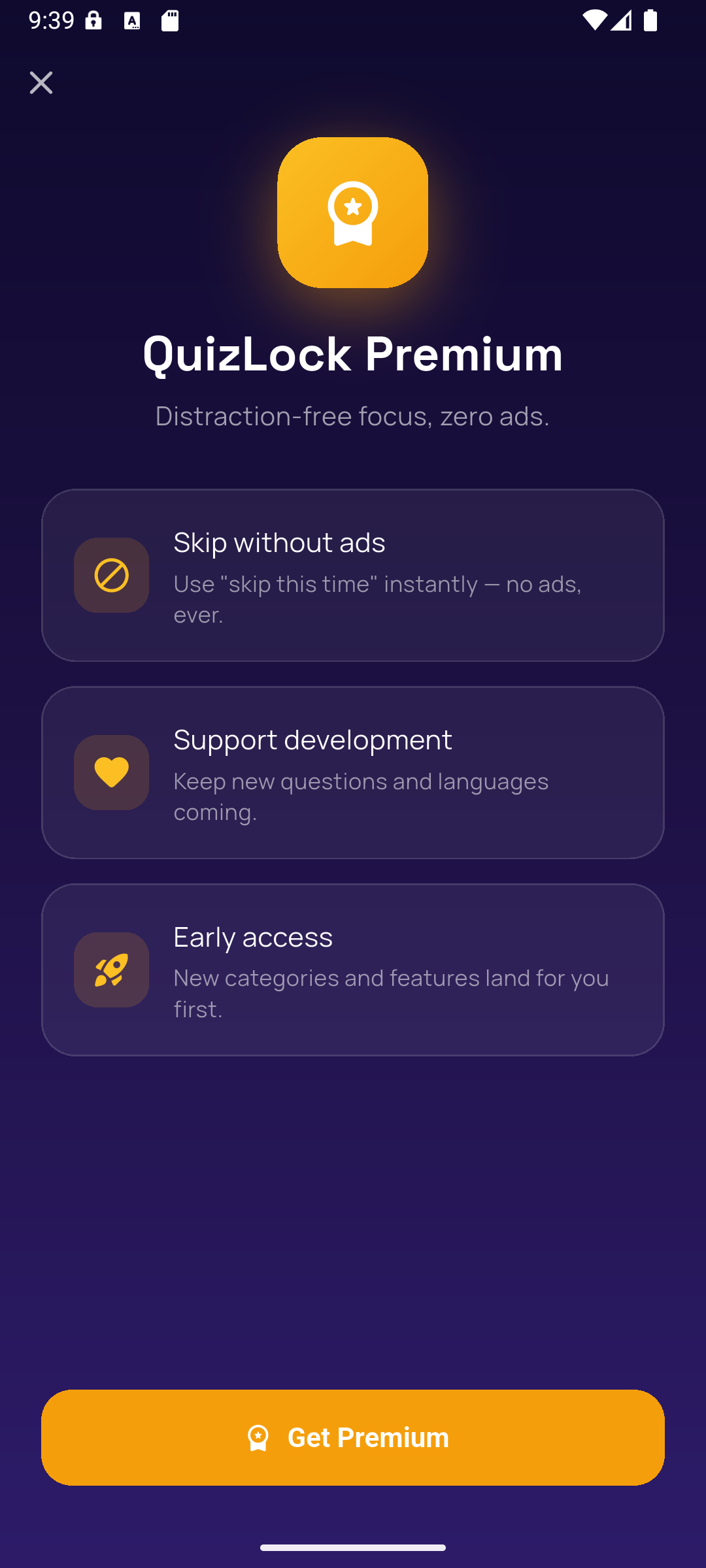 The QuizLock Premium screen